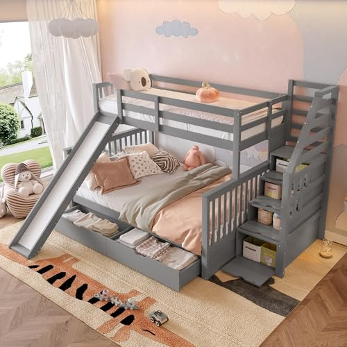 RIAZOS Etagenbett für 3 Kinder, Kinderbett mit Treppe, mit 2 Schubladen und 4 Stauraumtreppe, 90x200cm+140x200cm, Funktionsbett Stockbett Hochbett Jugendbett, Grau, ohne Matratze
