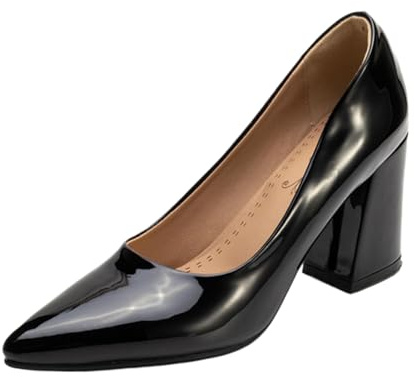 XINXINIO Pumps med spetsiga tår och blockklack | 8 cm klack av glänsande syntetiskt lackläder | halkfri gummisula | Många färger för arbete och fritid, svart, 46 EU