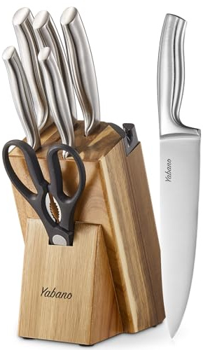 Yabano Couteaux de Cuisine, 7 pièces Bloc de Couteaux en Acier Inoxydable Allemand avec Aiguiseur Intégré, Ensemble de Couteaux avec Ciseaux et Bloc, Couteaux Professionnels pour la C