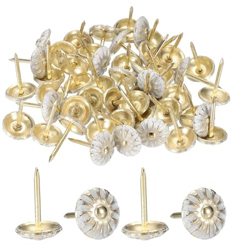 sourcing map 50Pcs Upholstery Tacks, 7/16 x 11/16 Vintage Flower Head Furniture Upholstery Nails Decorative Thumb Tacks Pins for Sofa Chair Bed, Gold/White