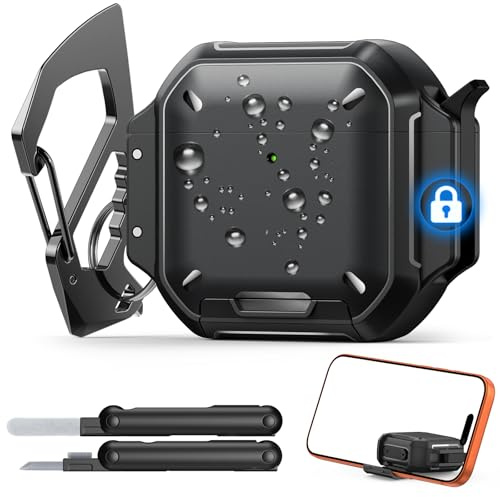 MoKo Custodia per AirPods 4 con Chiusura di Sicurezza, Impermeabile | Chiusura di Sicurezza, Impermeabile IP68, Resistente Agli Urti, Portachiavi, Supporto per Telefono, Kit di Pulizia, Nero