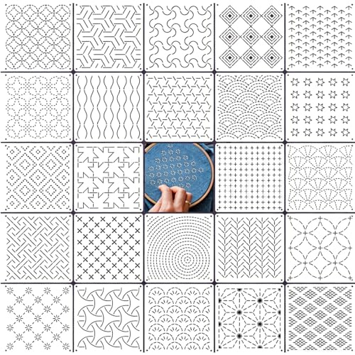 24 Pezzi Sashiko,Sashiko Stencil Riutilizzabile 13x13 Cm,Stencil per Pittura in Plastica,Sagome per Disegni Geometrici,Quilting a Mano,Cucito e Decorazione Tessile