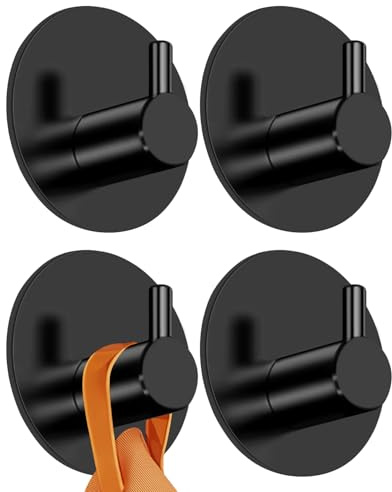 Miangsy Handtuchhaken Selbstklebend, 4er Set, Selbstklebende Küchenhaken aus Edelstahl, wasserdichte Badezimmer Handtuchhalter, für Bad und Küche - Schwarz