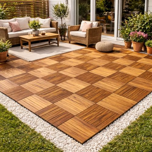 Mojawo 11 Stück Holzfliesen | ca. 1QM | Akazienholz | FSC®-Zertifiziert | 30x30cm Fliese | Stecksystem individuell zuschneidbar | Modell 2024