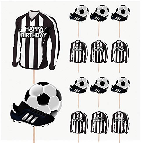 AK Giftshop Football Birthday Cupcakes Cake & Food Decorations Party Picks Toppers - Black and White Stripes Team Colours (Pack of 14)