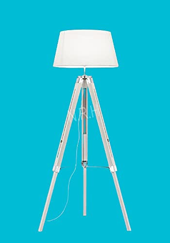 Superbe lampadaire trépied en bois blanc et chromé de style vintage (sans abat-jour)