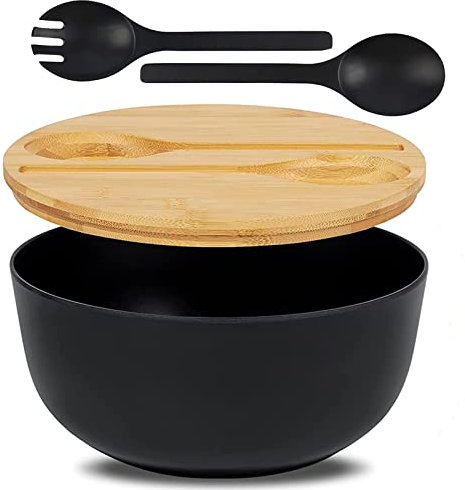 Ciotola per insalata, nera, in bambù con coperchio in legno, coperchio e posate, può essere riutilizzata, 3,7 l, grande ciotola da portata con forchetta, cucchiaio per cereali, insalata e verdure