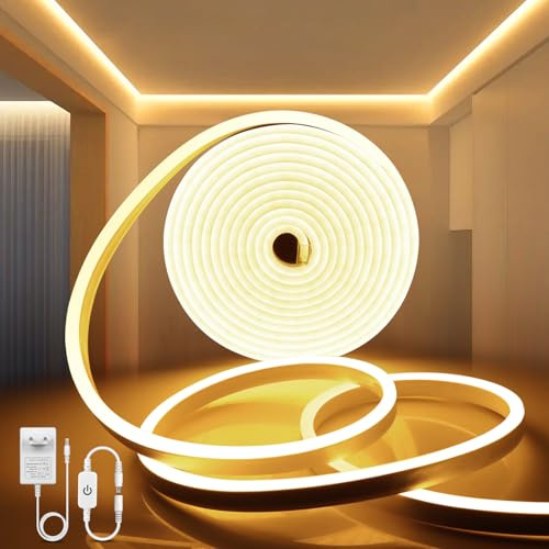 AIMENGTE LED Streifen Warmweiß, 5M Flexibler Neon-LED-Streifen für Heimwerker, 12V Dimmbarer LED-Streifen Silikon-Neonstreifen mit Netzteil und Controller, wasserdichte LED-Streifen für den Innen- und