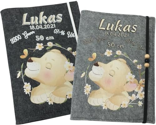 U Heft Hülle und Impfpass aus Filz - Personalisiert mit Namen - Untersuchungsheft Schutzhülle - Babygeschenke zur Geburt - Kinderuntersuchungsheft Mädchen und Junge - Löwenbaby