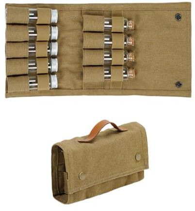 Outdoor Bottle Set, Portable Foldable Wax Canvas Bag with 9 Jars, Jars, Organiser Storage Bag for Camping, Hiking, Bushcraft, Picnic