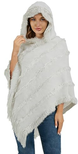 Strick Poncho mit Fransen für Damen Kapuzen Schal Cape Poncho Cape mit Kapuze Häkeln Plüsch Gestreift und Flanell Fashion Cape Strick Poncho mit Fransen für Damen