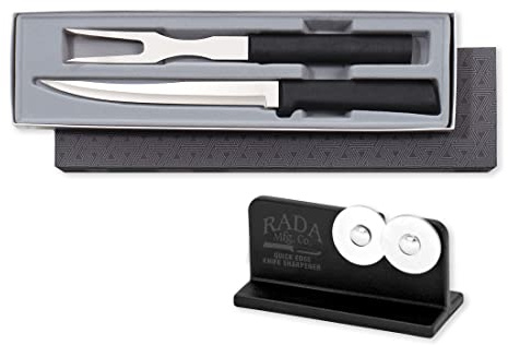 Rada Cutlery Carving Gift Set (G213), 2-Piece Knife Set with Quick Edge Sharpener (R119), Stainless Steel Blades, Black Handle