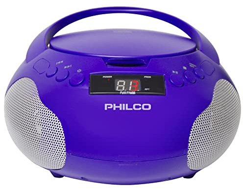 Philco Portable CD Player Boombox with Speakers and AM FM Radio | Purple Boom Box CD Player Compatible with CD-R/CD-RW and Audio CD | 3.5mm Aux Input | Stereo Sound | LED Display | AC/Battery Powered