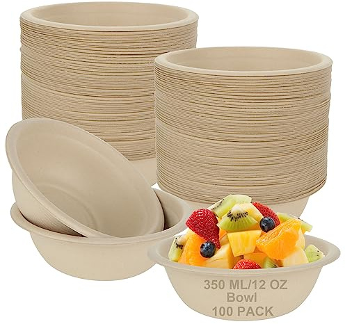 CYEER 100Pack 350ml 12oz Strong Disposable Paper Bowls, Compostable Paper Bowls, Eco-Friendly Natural Sugarcane Bagasse Disposable Dessert Serving Bowls for Garden Party, Wedding, Birthday