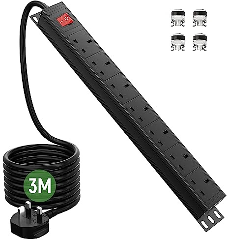 Surge Protected Extension Lead 3M, HANNELORE 7 Way Power Strip with Switch, Power Distribution Unit PDU Rack Mount Power Strip, 13Amp Multi Plug Extension Sockets for Home, Office and Industrial Use | Power Distribution Unit PDU Rack Mount Power Strip, 13Amp Multi Plug Extension Sockets for Home, Office and Industrial Use