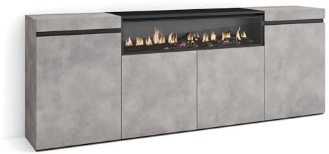 Skraut Home | Aparadores para salón | Gran Capacidad de almacenaje | 200x75x35cm | 4 Puertas | Chimenea eléctrica | Estilo Moderno | Cemento
