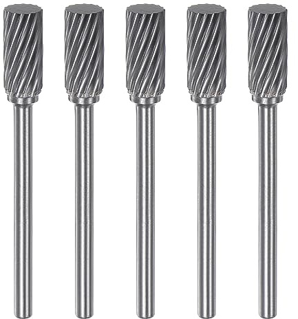 sourcing map 5pcs Carbide Rotary Burrs 1/8 (3mm) Shank 1/4 (6mm) Head Single Cut Cylindrical A Shape Die Grinder Bits Rasp Files for Hard Metal Wood Stone Polishing Engraving