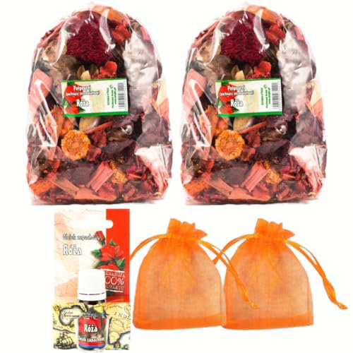 Set de Popurrí con Aroma a Rosa - 2 Bolsas Grandes, 1 Aceite de Fragancia de Rosa, 2 Bolsitas de Organza | Decoración de Verano para el Hogar | Flores Secas para Jarrón, Sala de Estar, Dormitorio Baño