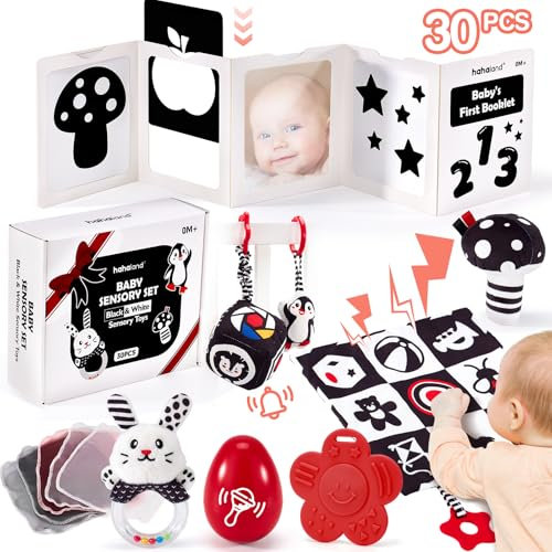 hahaland Baby Spielzeug 0-6 Monate - 30 TLG Schwarz-Weiß Kontrast Lernspielzeug Set, Montessori Sensorik Stoffbuch & Kinderwagen Hängespielzeug, Gehirnentwicklung Geschenk für 0 3 6 12 Monate