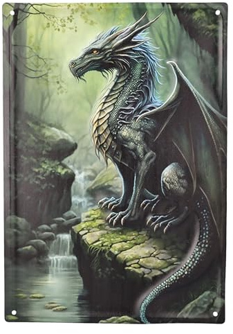Figuren Shop GmbH Blechschild Der letzte Walddrache 40 cm - Fantasy Wand Deko Schild Metallschild Gothic Blech Metall Drache