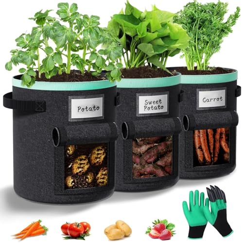 Paerduo Kartoffel Pflanzsack 50 Liter 3 Stück: Pflanzsäcke mit Griffen und Sichtfenster Kartoffelpflanzsäcke Kartoffelsack zum Pflanzen für Gemüse Blumen Früchte(Schwar, 13 Gallonen)