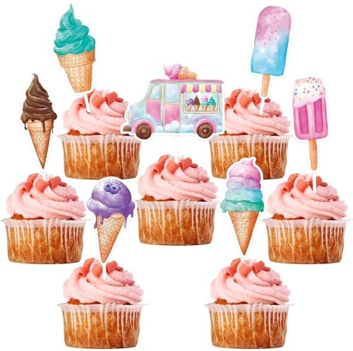 WERNNSAI Eiscreme Party Decorations - 35 Stück Eis Geburtstags Kuchen Deko Mädchen Kinder Eiscreme Rosa Cupcake Toppers Picks Sommerparty Geburtstagsparty Tortendeko Kuchendekorationen Zubehör