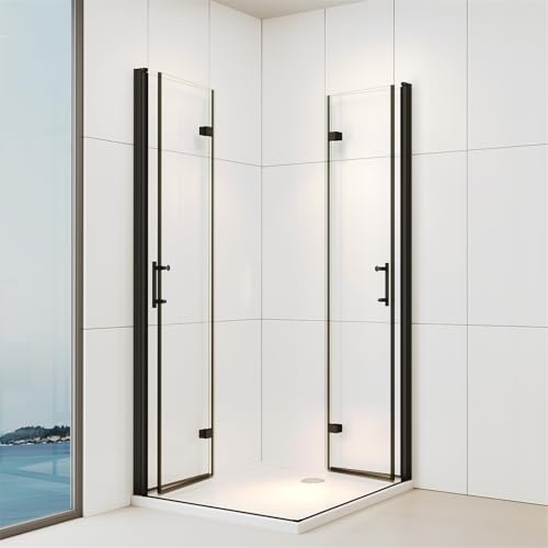 IMPTS Duschkabine 80x100x195cm Eckeinstieg Schwarz Dusche 180º Falttür Duschwand Duschabtrennung 6mm ESG Glas Duschtür für Badezimmer, ohne Duschtasse