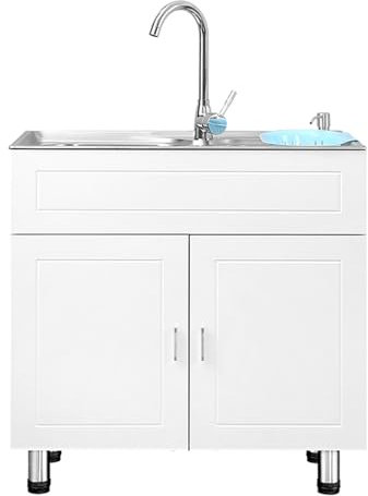 Lavandino Esterno Inox Professionale, Lavello da Cucina con Mobile, Mobile Bagno A Terra con Rubinetto Dell'Acqua Calda, Mobiletto Multiuso da Terra, per Interno Garage Bar Lavanderia(81x43cm/31.9x16.