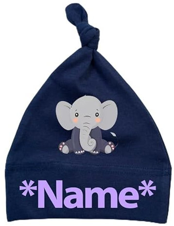 Personalisierte Babymütze mit Knoten zum Zubinden - Weiche Neugeborenenmütze für Babys & Kleinkinder Elefant Beanie Mütze Navyblau
