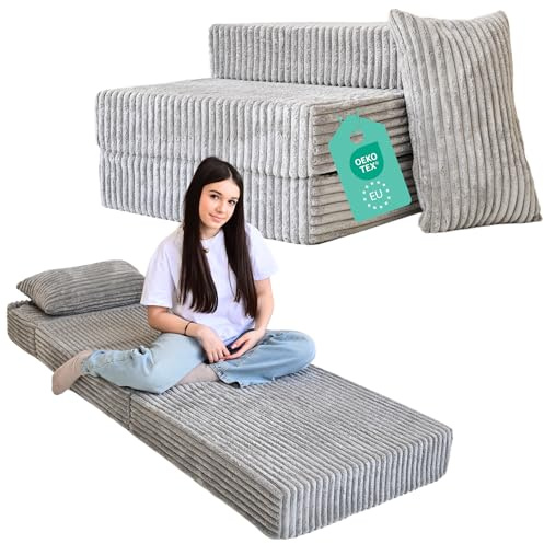 Odolplusz Högkvalitativ hopfällbar madrass 70 x 205 x 15 cm, 3-delat överdrag med avtagbart överdrag, extra tjockt skum på 15 cm, hopfällbar, gäst, resor (grå)