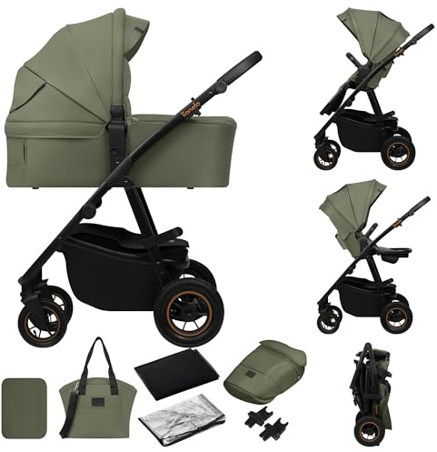 LIONELO Amber Plus 2‑i‑1 Kombivagn med XXL Liggdelsinsats & Vändbar Sittdel | Nyfödd till 22kg, Stora Luftfyllda Terränghjul, XXL UPF50+ Solskydd, Panoramaventilation, Kompakt Hopfällning, Tillbehör