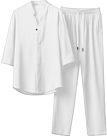 Foweknow Traje de lino de verano de 2 piezas para hombre, camisa y pantalón de dos piezas, traje de ocio, traje deportivo de corte regular, cómodo, informal, chándal de dos piezas