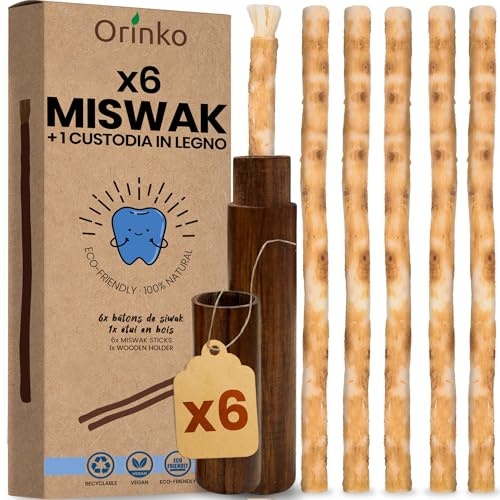 ORINKO® Siwak Naturale x6 con Custodia x1 - Spazzolino Ecologico per Denti - Miswak Africano per Pulizia, Sbiancamento e Igiene Orale - Bastoncini di Araak come Alternativa Sostenibile