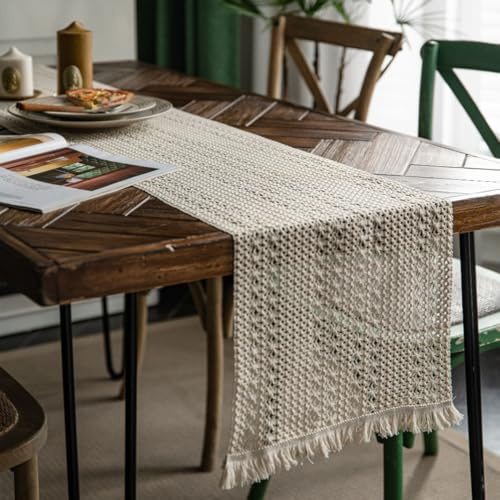 Tischläufer Modern Boho Beige Table Runner Landhausstil Läufer Tisch mit Quasten, Waschbar Tischdecke für Outdoor Hochzeit Dekoration Küche Tabletop Party Dekor,30x160cm