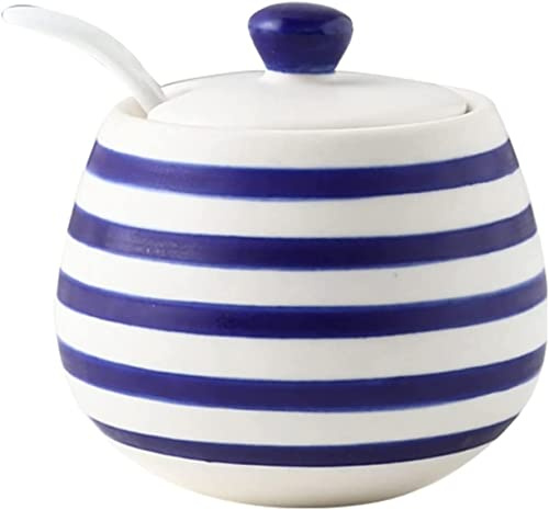 JYBNBBE Vajilla de cerámica, lecheras, azucarero de Rayas Azules con Tapa, azucarero Decorativo para Cocina, azucarero, Tarro para Especias, Tarro Azul 3 en 1,Blue 1