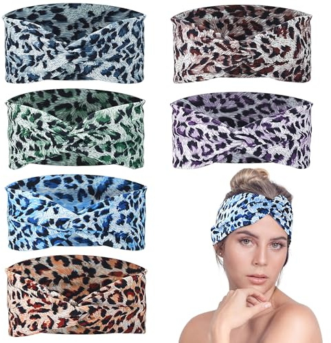 Culinavog 6 delar breda hårband halsdukar för kvinnor, mjuka och mjuka tyghårband, tryck leopard bandanas, mode knutna huvudband, tyg elastiskt pannband för yoga sport löpning daglig styling