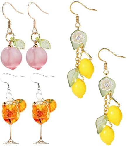 3 Paare Ohrringe Set, Lustige Geschenke für Frauen Mit Zitronenohrringe, Ohrringe Orange Und Peachfarbene Ohrringe, Aperol Spritz, Aperol Geschenk, Aperol Kostüm Damen für Karneval, Partys, Reisen