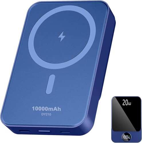 Magnetic Power Bank 10000mAh，20W Fast Charging Portable Charger, Wireless Power Bank with LED Display, Small USB-C Battery Pack with Mag-safe for iPhone 16/15 Plus/Pro/Max,14/13/12 Series,Blue