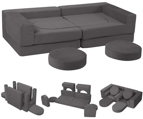 MeMoreCool Modulsofa 8-teilig Cord – Weiche Schaumstoff-Sitzlandschaft für Kinderzimmer & Wohnzimmer Flexibel anpassbar | Waschbare Bezüge | Kindersicheres Lounge-Sofa für Spielen & Entspannen, Grau