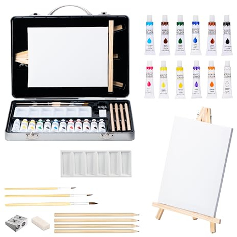 Creativon Set Pittura 24 Pezzi – Valigetta Completa con Tela da Disegno, Cavalletto in Legno, Pennelli, Colori Acrilici e Accessori per Artisti