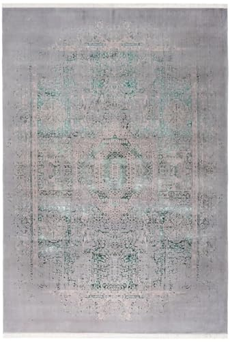 CABBEL Mamluk Wollteppich 200×300 cm – Handgearbeitet – Schurwolle – Eleganter Orientteppich im Floral Erased Design – Grau Grün – luxuriös für Wohnzimmer & Esszimmer