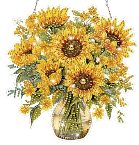 Lxmsja Sonnenblumen Diamond Painting Anhänger, 5D Blumen Diamond Painting Fensterbilder für Erwachsene, Bastelset Kreativ Set Hängend Ornament Geschenke Tür Fenster Wand Eingang Decor