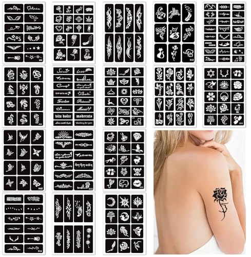 Glitzer Tattoo Schablonen Set, 219 Motive auf 16 Blättern, Wiederverwendbare Vorlagen für Face, Finger & Body Art, für Mädchen und Frauen