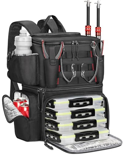 MATEIN Mochila Pesca con 4 Cajas de Aparejos y Soporte para Caña, Impermeable Mochila de Pesca con Brújula de Seguridad y Compartimento Isotérmico, Regalo para Pescadores, Negro