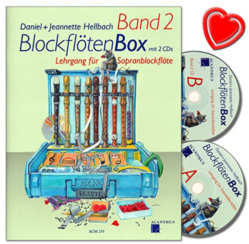 Acanthus Music Daniel Hellbach Blockflötenbox Band 2 – Unterrichtsunterstufe 7–8 Jahre für Sopranblockflöte mit 2 CDs mit bunter herzförmiger Notenklammer