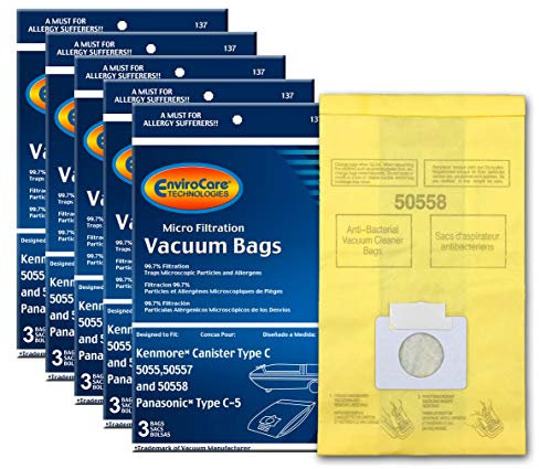 EnviroCare Ricambio micro filtrazione aspirapolvere per Kenmore Canister Q. 5055, 50557 e 50558 Panasonic tipo C-5 modelli 15 Pack, giallo, 15 sacchetti