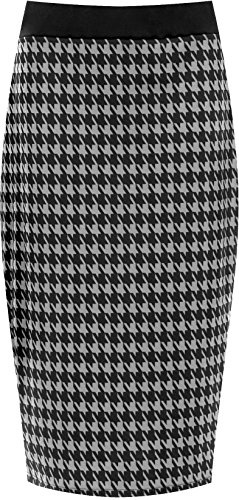 WearAll Plus Size Womens Dogtooth Check Back Slit Pencil Skirt Ladies Stretch Light Grey 12/14