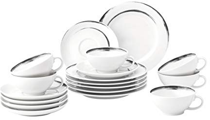 Seltmann Weiden 18 Piezas | Set para Personas | Serie Paso Blanco | Servicio Incluye Cada 6 Plato de Desayuno, Taza, platillo de té, 210 milliliters, Porcelana, Gris