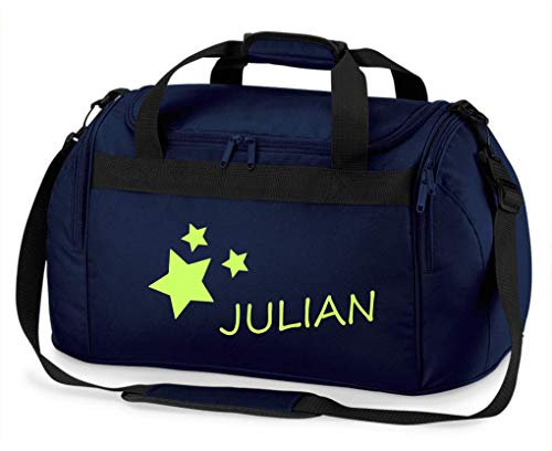 Kindersporttasche Junge & Mädchen | Motiv Sterne & Namen-sdruck personalisiert & Bedruckt | Reisetasche Sporttasche mit Namen Kindertasche Tragetasche zum Umhängen für Kinder (Navy)