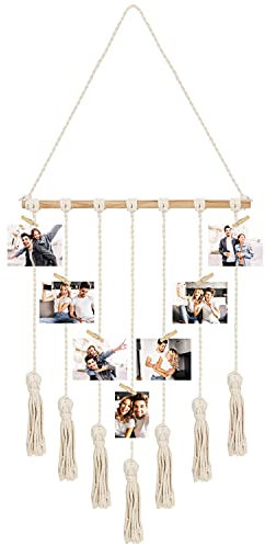 BELLE VOUS Makramee Organizer Foto Collage Wand mit 25 Holzklammern - 40 x 92 cm - Hält 25 Bilder - Für Bilder Collagen, Dekorationen, Drucke, Kunstwerke und Fotos Aufhängen